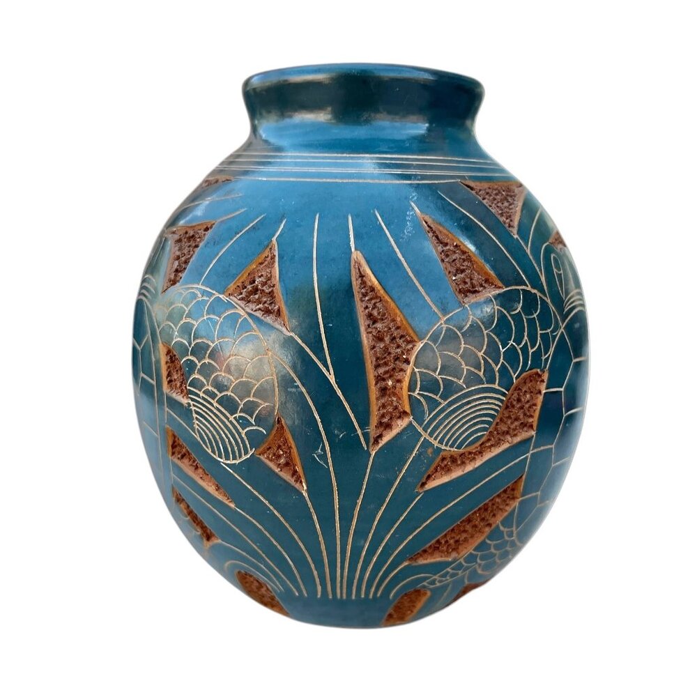Handcrafted Costa Rican Turtle Design Blue & Terracotta Round Ceramic Vase 6" T